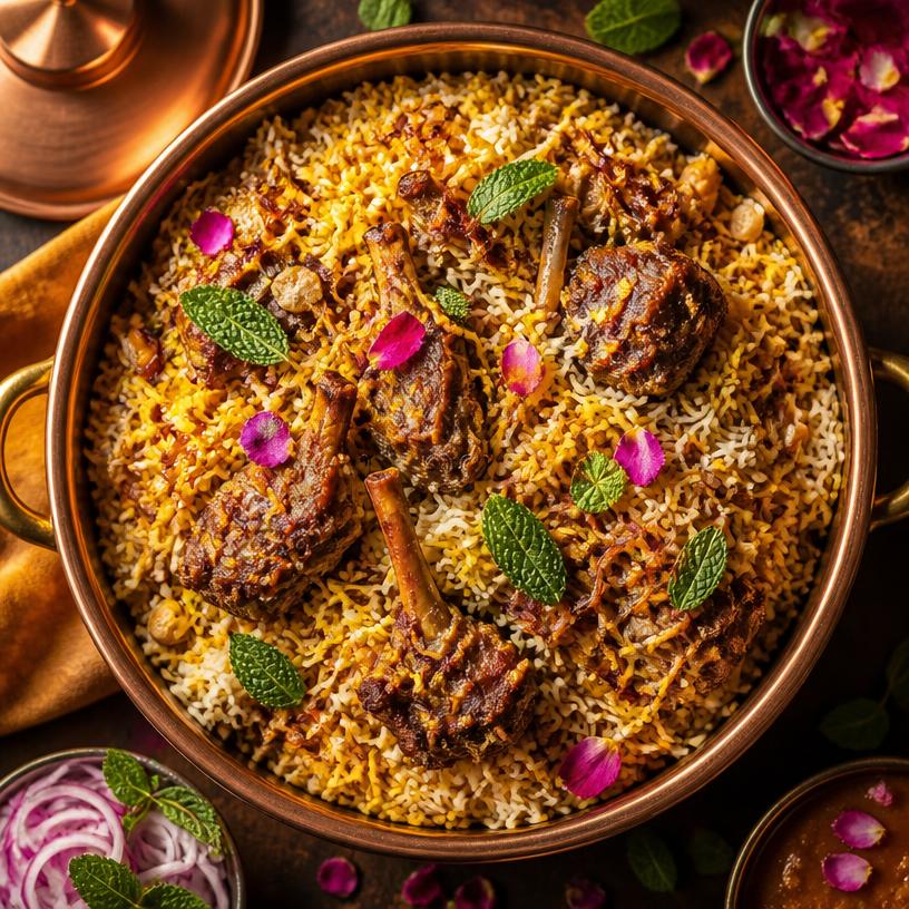 Aromatic lamb biryani in a copper pot