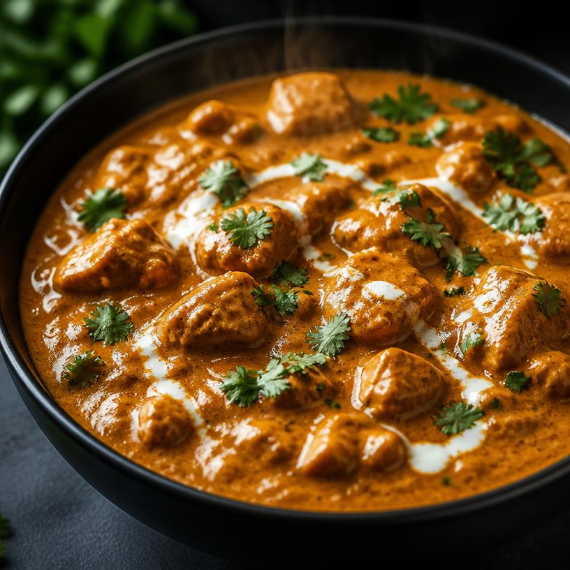 Creamy butter chicken garnished with cilantro