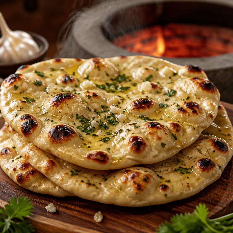 Fresh garlic naan with charred bubbles