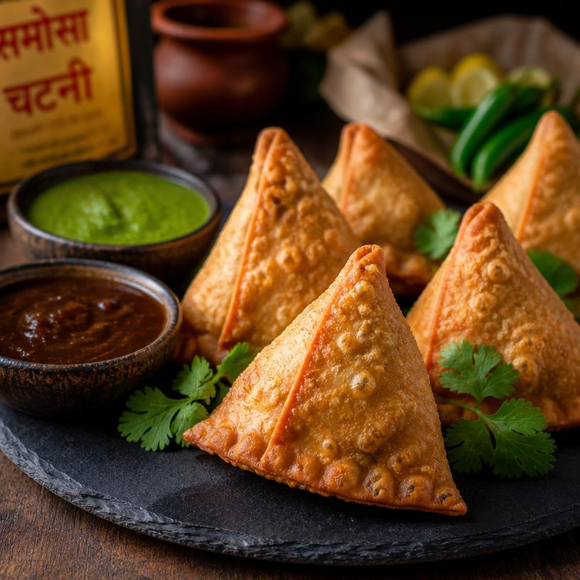 Crispy samosas with chutneys